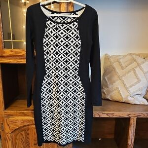 Allison Brittney Black and White Geometric Midi Dress
